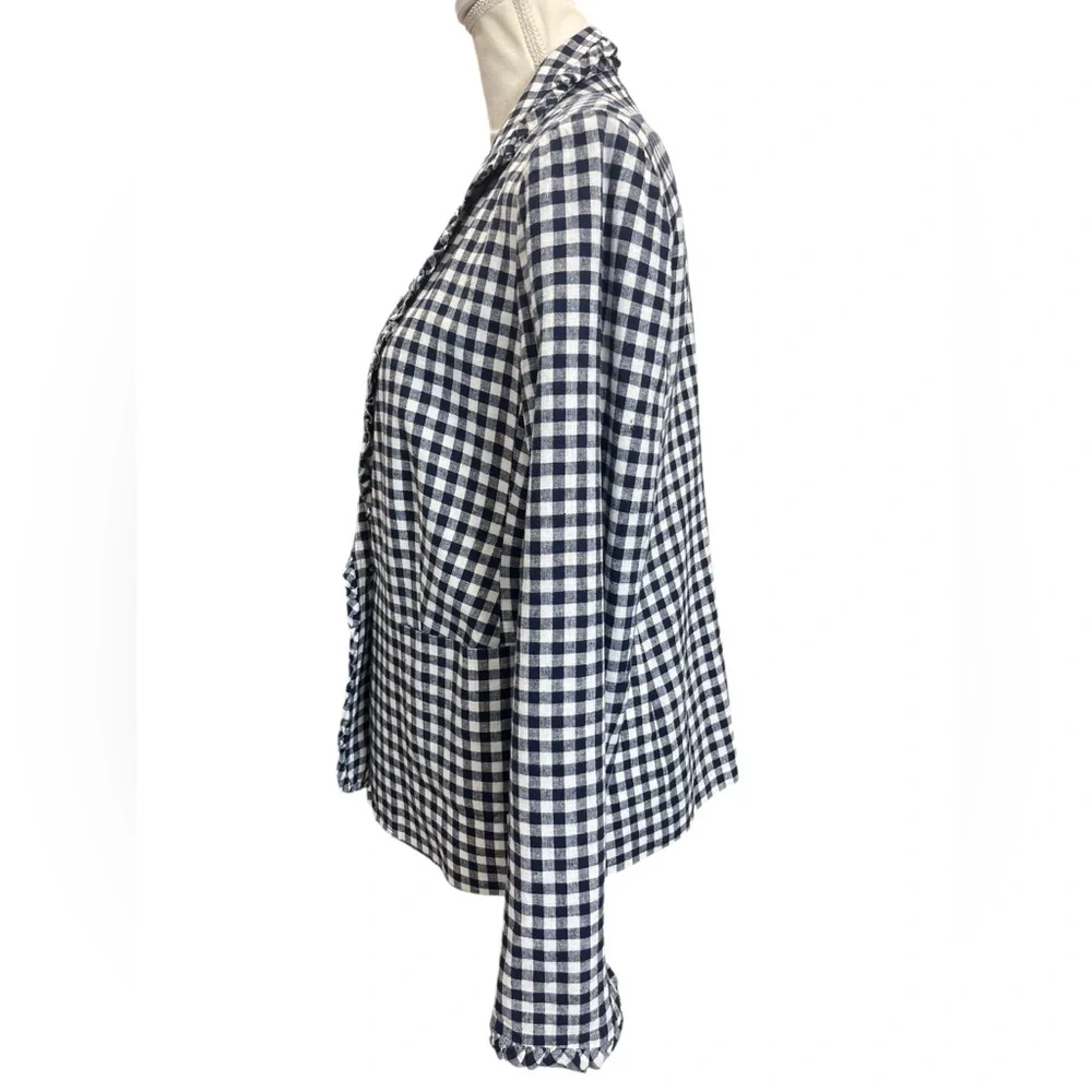 Crown & Ivy Navy Gingham Linen Cotton Blazer Ruffle Trim Size 8 - Picture 6 of 11